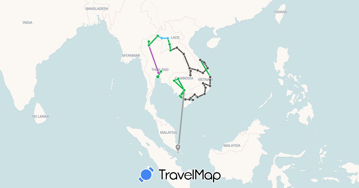 TravelMap itinerary: bus, plane, train, boat, motorbike in Cambodia, Laos, Singapore, Thailand, Vietnam (Asia)